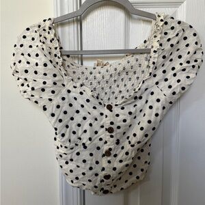 Monteau Cream Puff-Sleeve Polka Dot Button Front Top